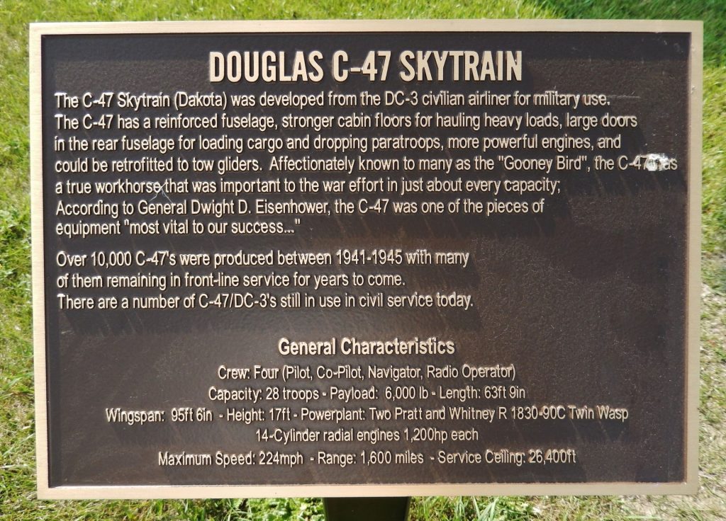 MINOT DOUGLAS C-47 SKYTRAIN WAR MEMORIAL AIRCRAFT PLAQUE