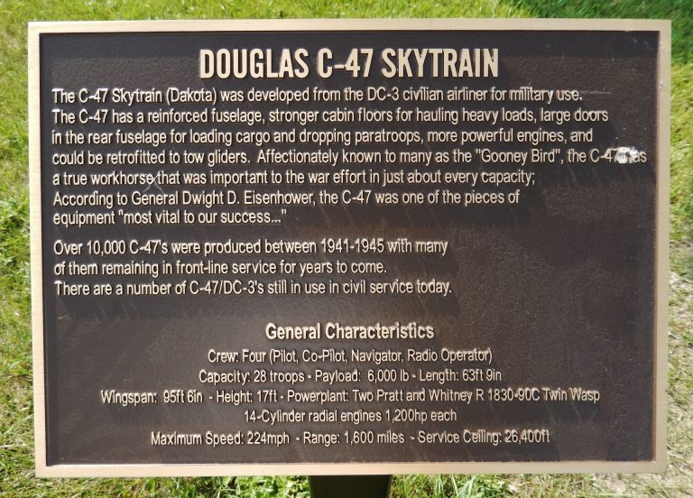 MINOT DOUGLAS C-47 SKYTRAIN WAR MEMORIAL AIRCRAFT PLAQUE