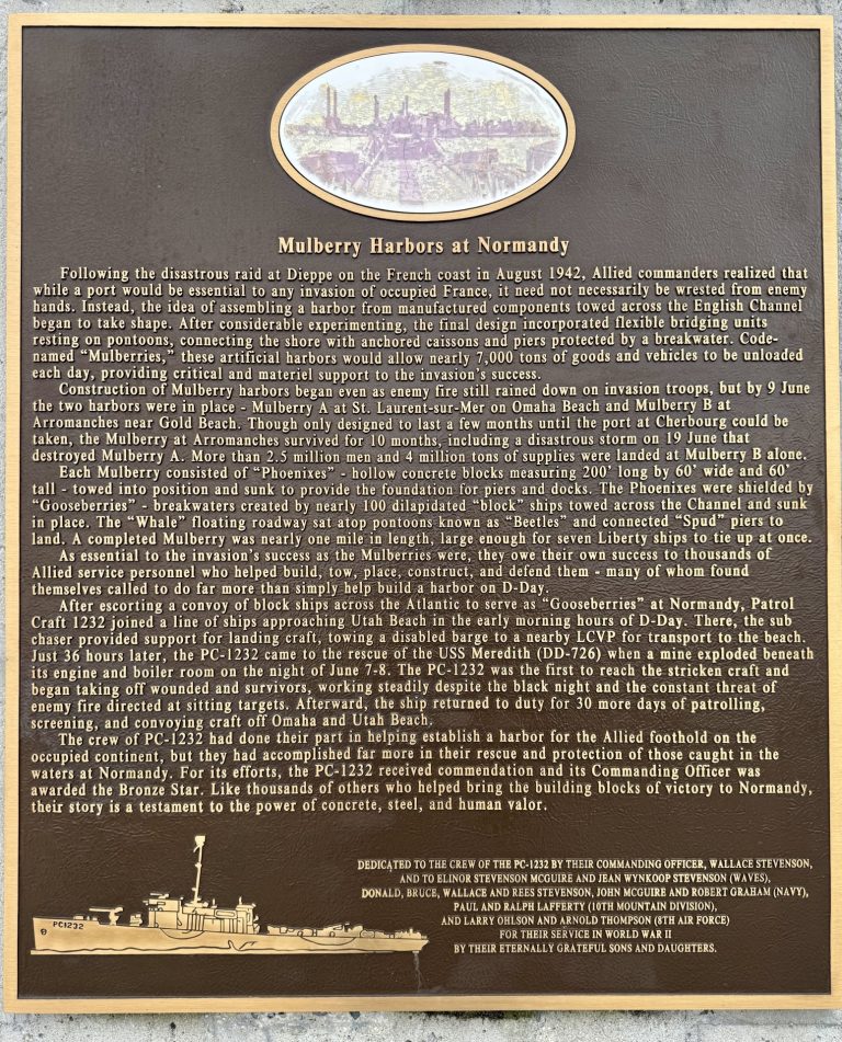 MULBERRY HARBORS AT NORMANDY WAR MEMORIAL PLAQUE