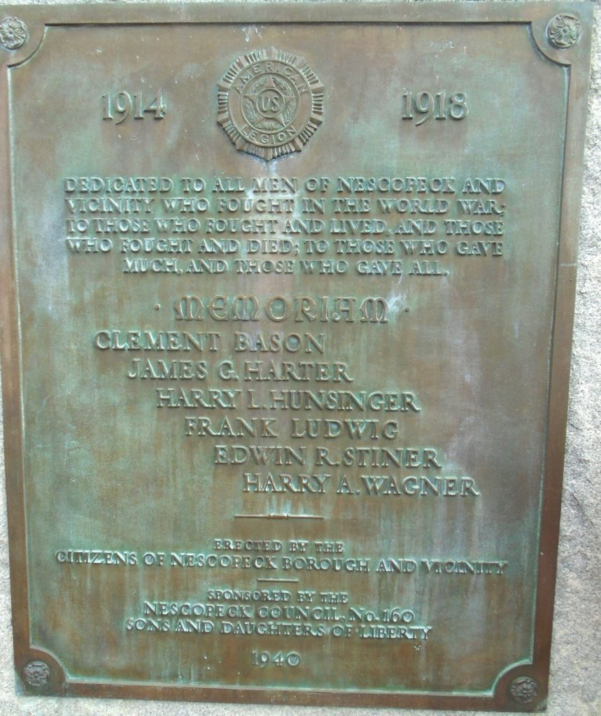 NESCOPECK AND VICINITY WORLD WAR VETERANS MEMORIAL PLAQUE