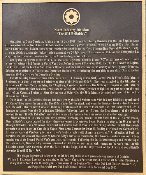 NINTH INFANTRY DIVISION WAR MEMORIAL PLAQUE