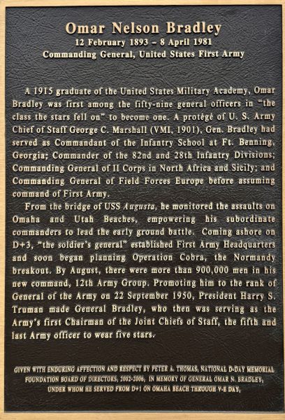 OMAR NELSON BRADLEY WAR MEMORIA PLAQUE
