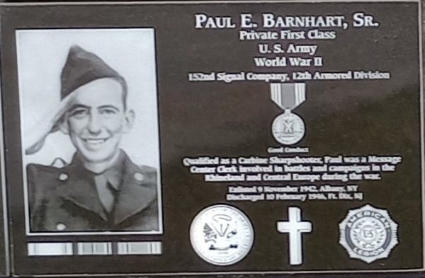 PAUL E. BARNHART, SR. WAR MEMORIAL PLAQUE