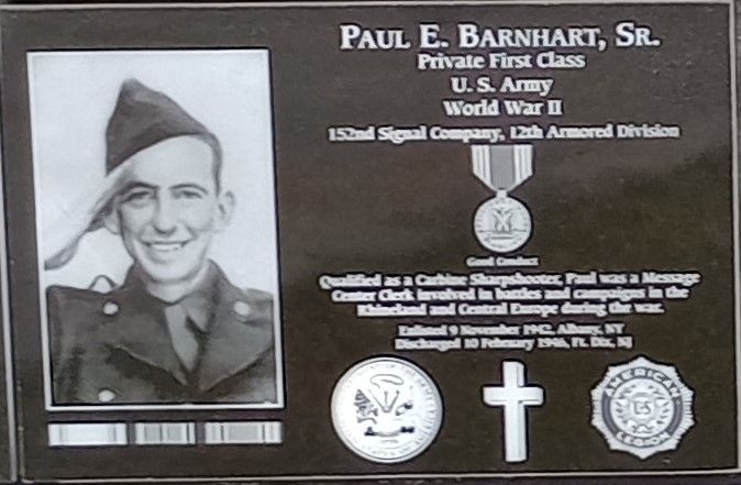 PAUL E. BARNHART, SR. WAR MEMORIAL PLAQUE
