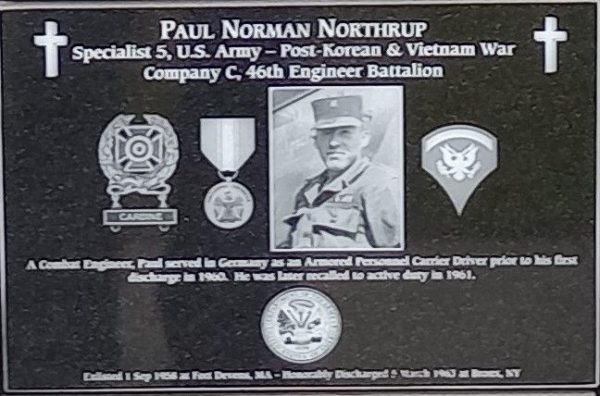 PAUL NORMAN NORTHRUP WAR MEMORIAL PLAQUE
