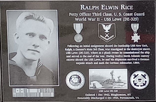 RALPH ELWIN RICE WAR MEMORIAL PLAQUE