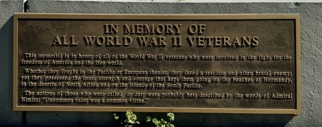 ROSEWOOD MEMORIAL PARK ALL WORLD WAR II VETERANS MEMORIAL PLAQUE