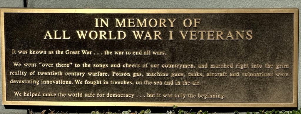 ROSEWOOD MEMORIAL PARK ALL WORLD WAR I VETERANS MEMORIAL PLAQUE