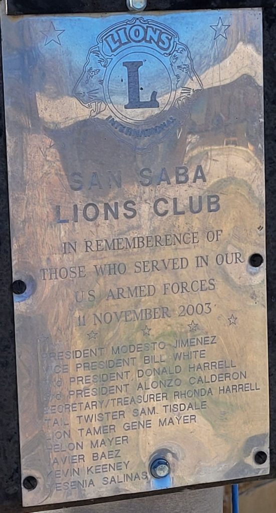 SAN SABA LIONS CLUB FLAG MEMORIAL PLAQUE
