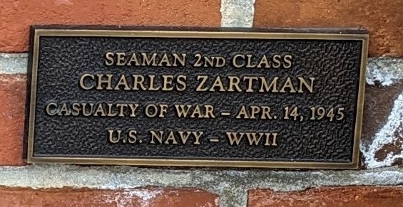 SEAMAN 2ND CLASS CHARLES ZARTMAN WAR MEMORIAL PLAQUE