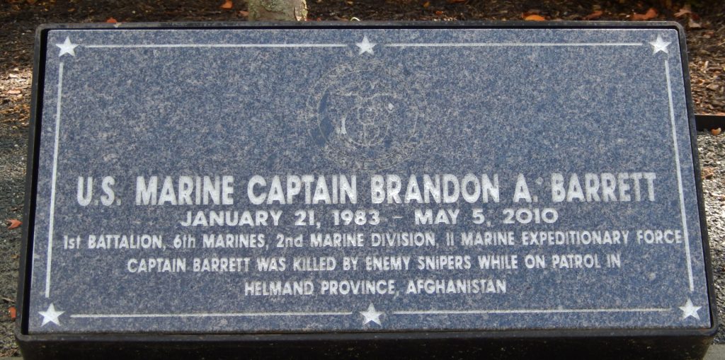U.S. MARINE CAPTAIN BRANDON A. BARRETT WAR MEMORIAL TREE STONE