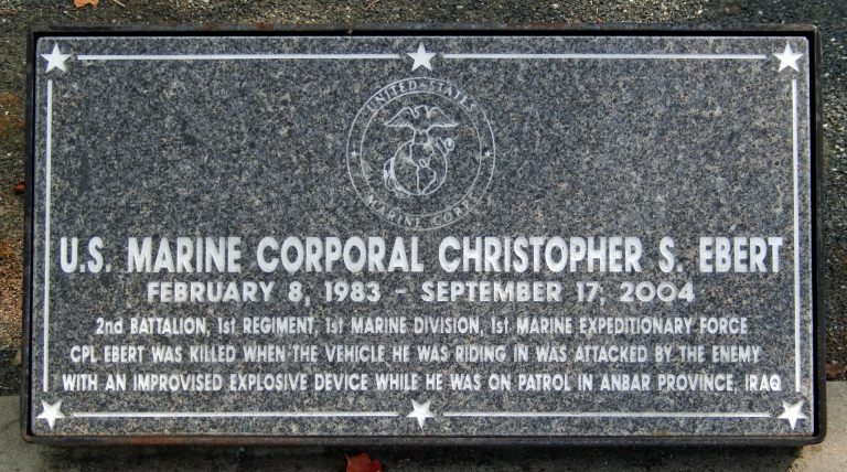 U.S. MARINE CORPORAL CHRISTOPHER S. EBERT WAR MEMORIAL TREE STONE