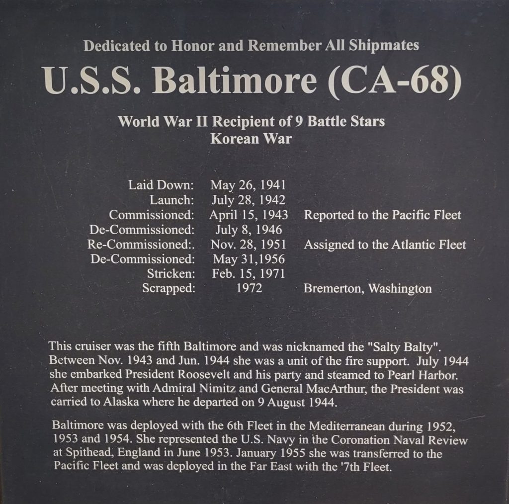 U.S.S. BALTIMORE (CA-68) WAR MEMORIAL PLAQUE