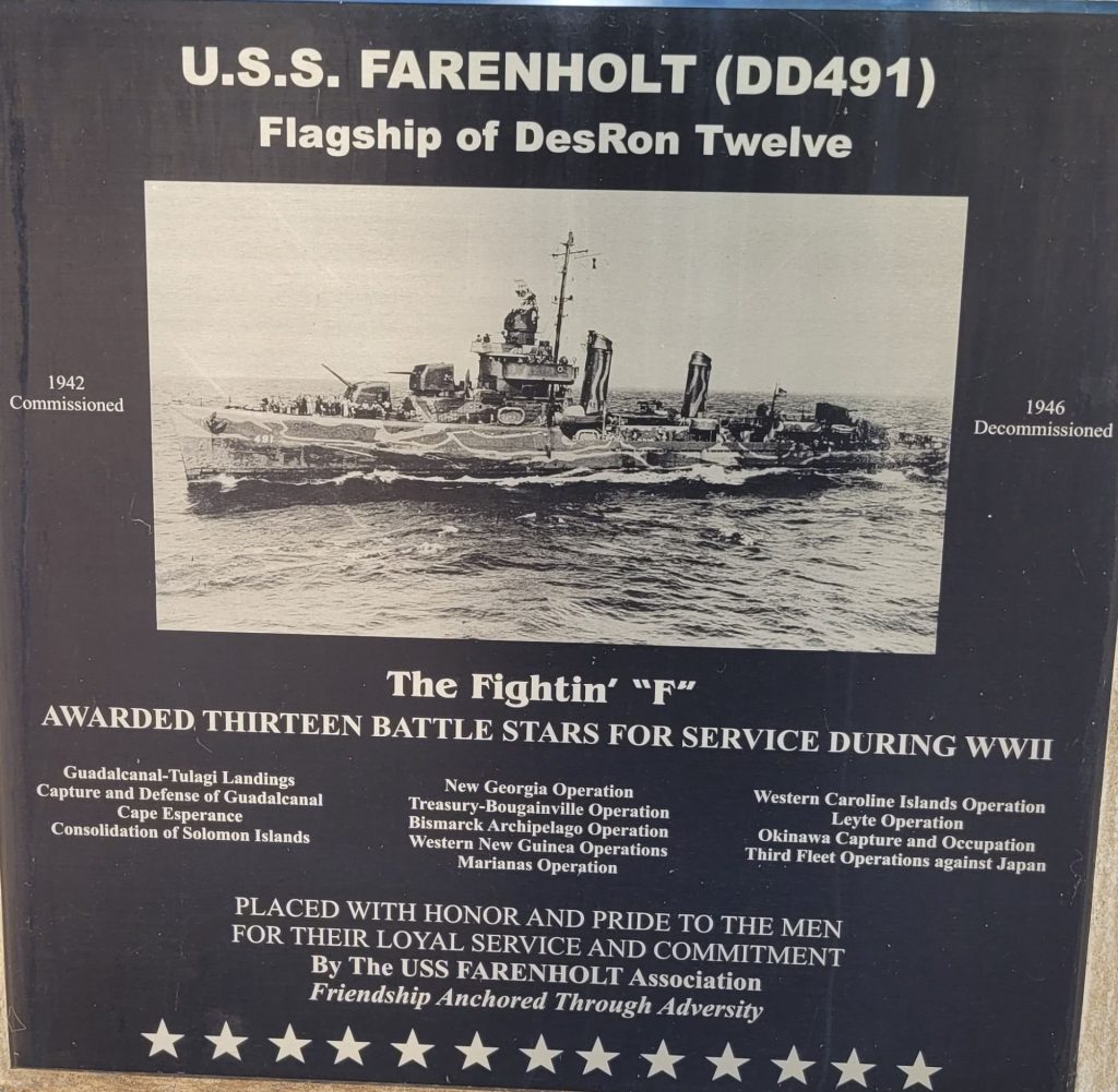 U.S.S. FARENHOLT DD491 WAR MEMORIAL PLAQUE