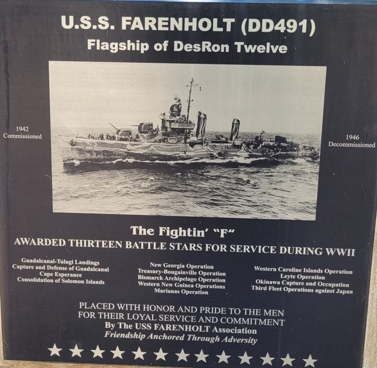 U.S.S. FARENHOLT DD491 WAR MEMORIAL PLAQUE
