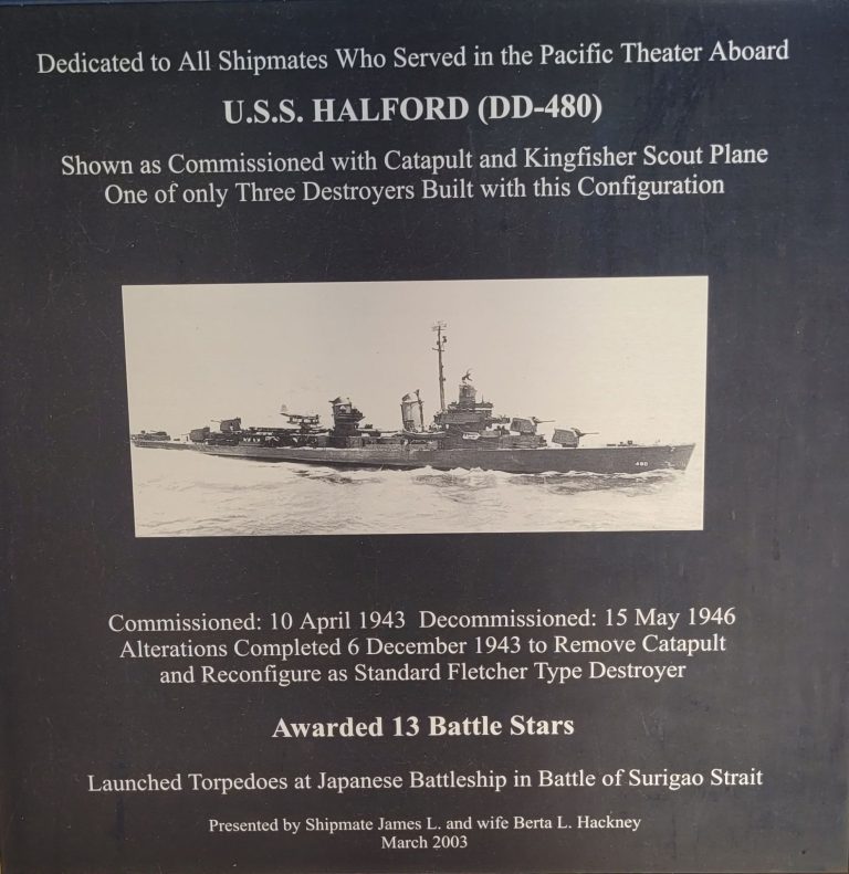 U.S.S. HALFORD (DD-480) WAR MEMORIAL PLAQUE