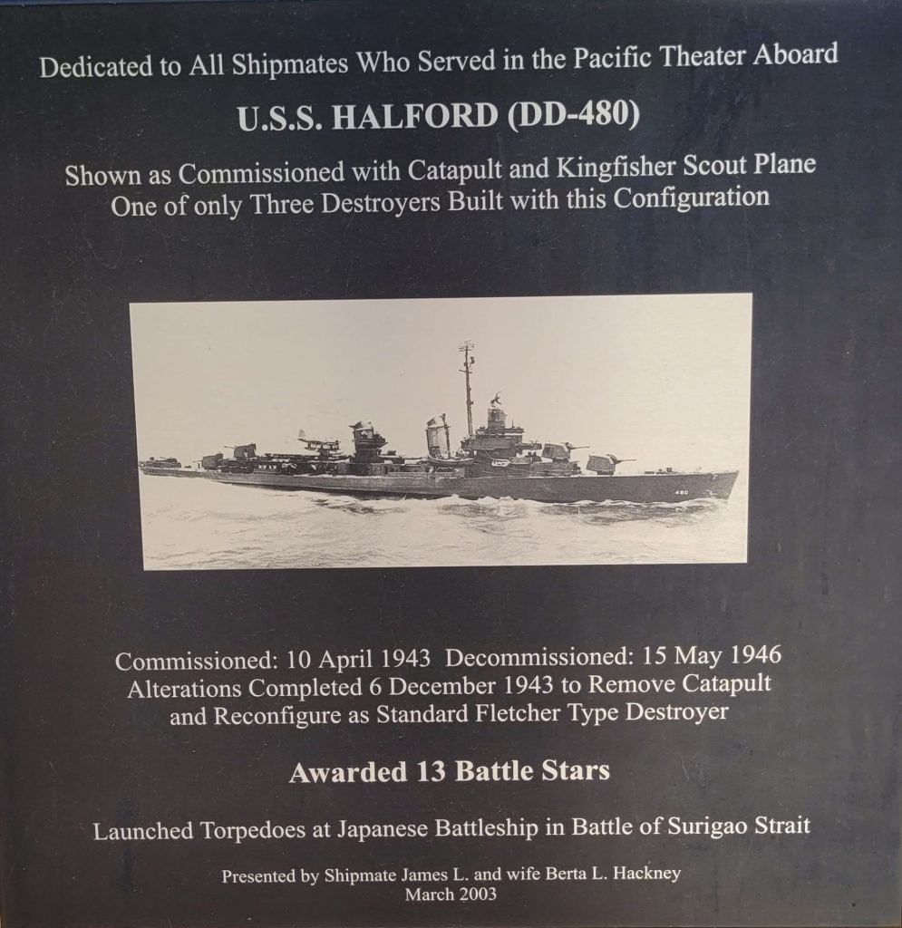 U.S.S. HALFORD (DD-480) WAR MEMORIAL PLAQUE