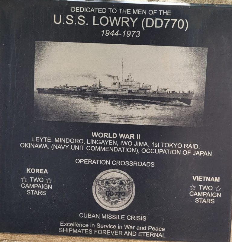 U.S.S. LOWRY DD770 WAR MEMORIAL PLAQUE
