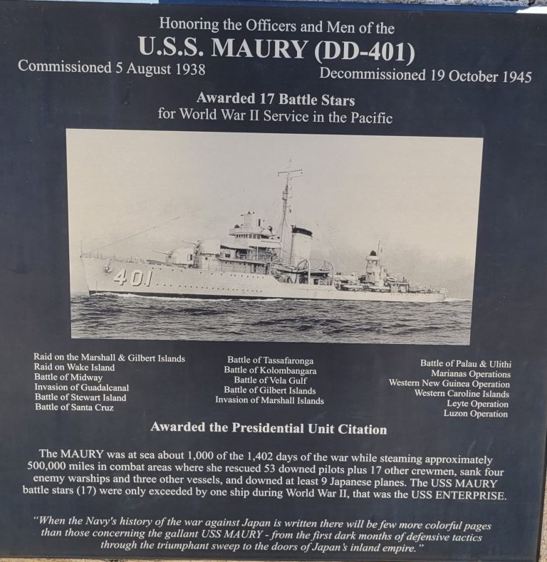 U.S.S. MAURY (DD-401) WAR MEMORIAL PLAQUE