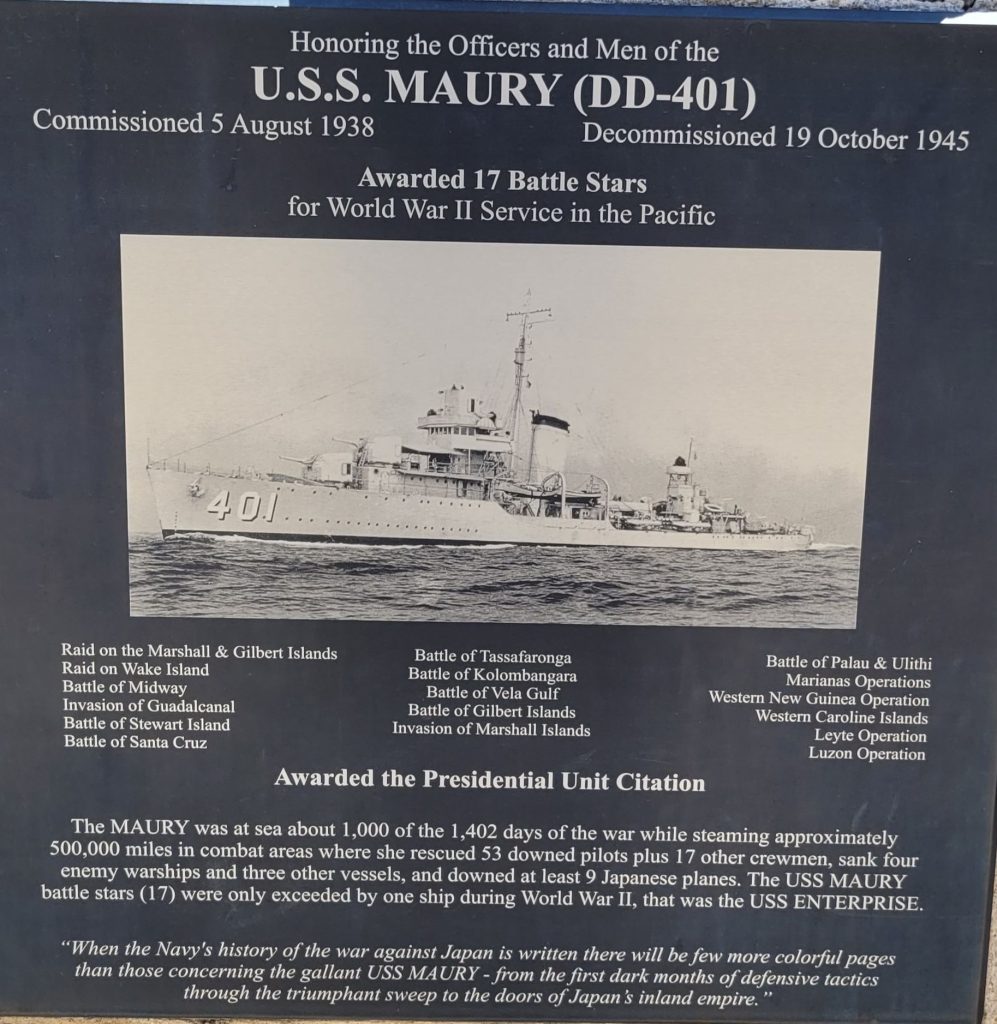 U.S.S. MAURY (DD-401) WAR MEMORIAL PLAQUE