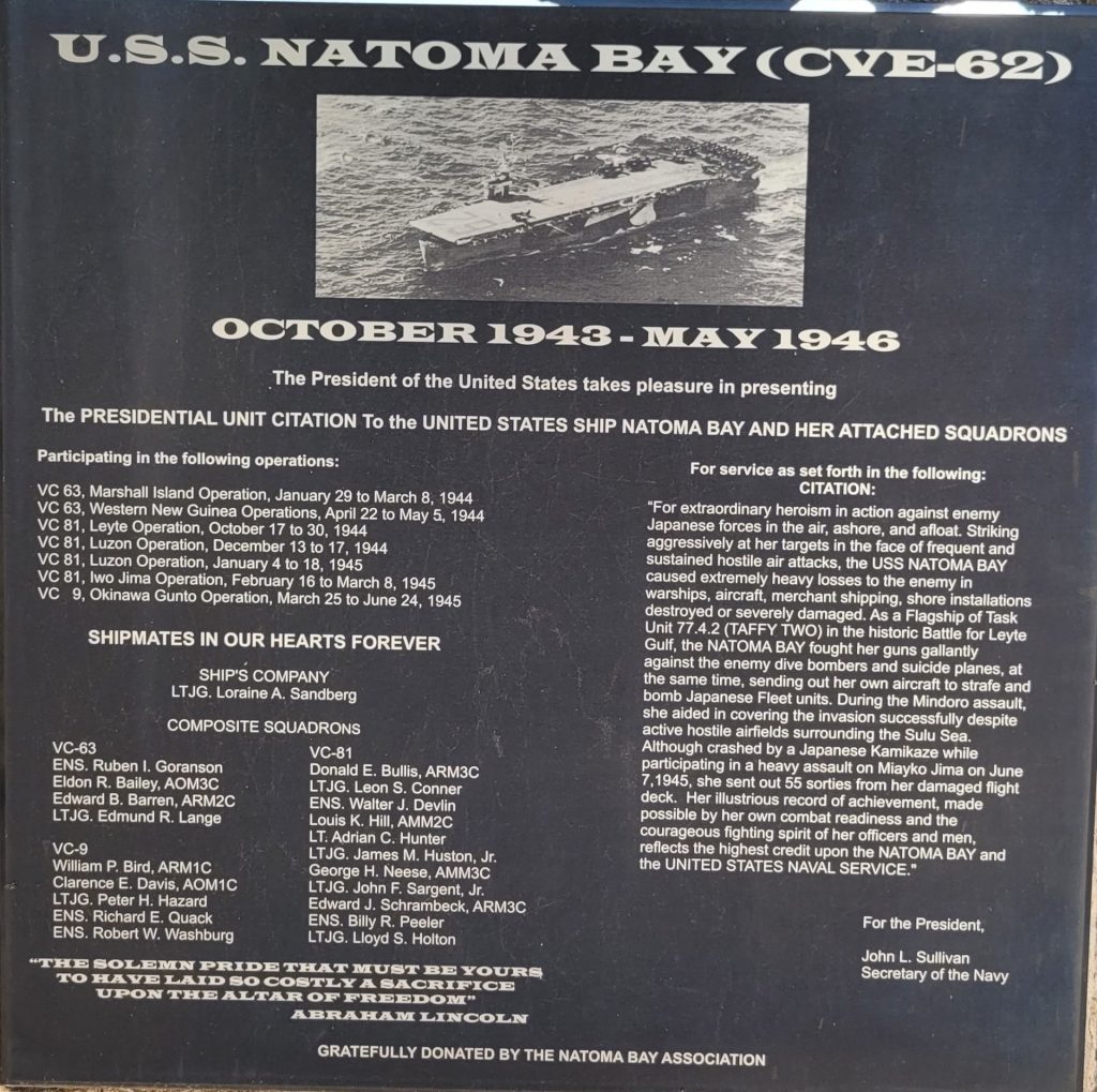 U.S.S. NATOMA BAY (CVE-62) WAR MEMORIAL PLAQUE