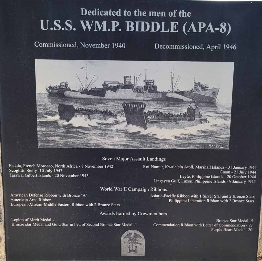 U.S.S. WM.P. BIDDLE (APA-8) WAR MEMORIAL PLAQUE