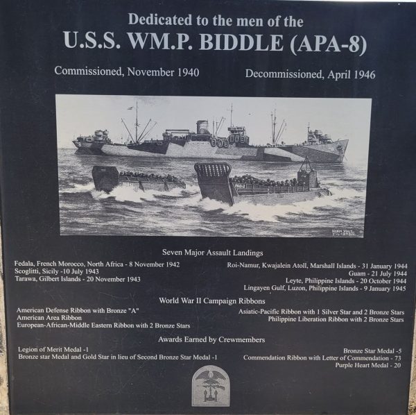 U.S.S. WM.P. BIDDLE (APA-8) WAR MEMORIAL PLAQUE