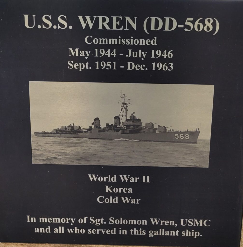 U.S.S. WREN (DD-568) WAR MEMORIAL PLAQUE