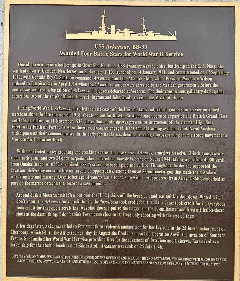 USS ARKANSAS, BB-33 WAR MEMORIAL PLAQUE