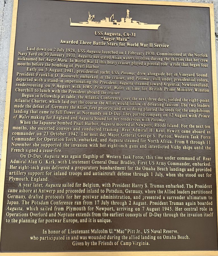 USS AUGUSTA, CA-31 WAR MEMORIAL PLAQUE
