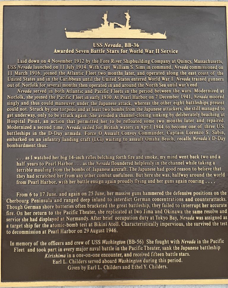 USS NEVADA, BB-36 WAR MEMORIAL PLAQUE