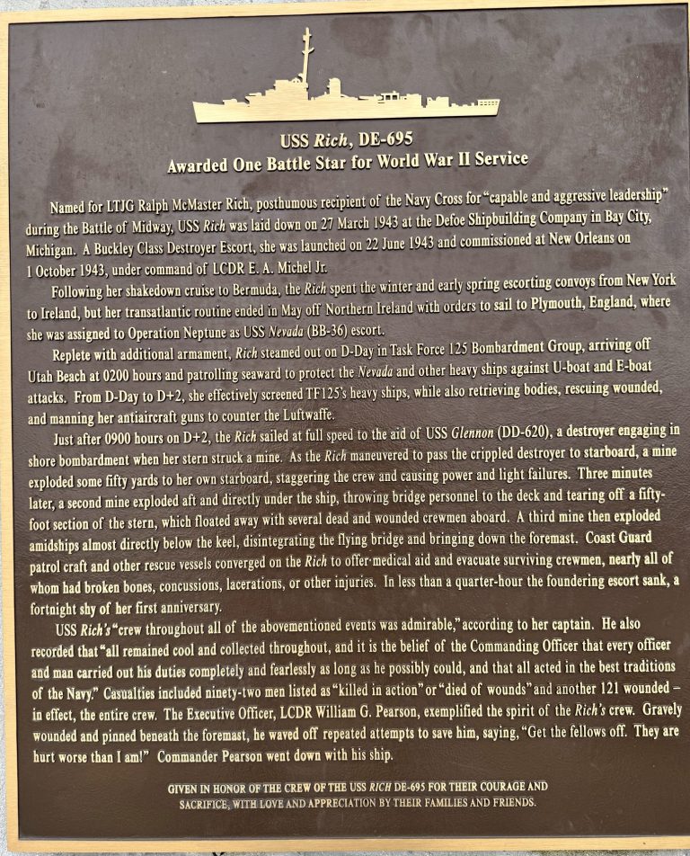 USS RICH, DE-695 WAR MEMORIAL PLAQUE