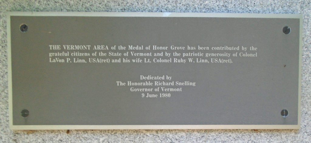VERMONT MEDAL OF HONOR WAR MEMORIAL GROVE  PLAQUE