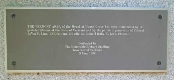 VERMONT MEDAL OF HONOR WAR MEMORIAL GROVE  PLAQUE