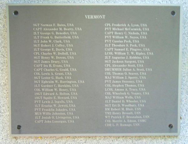 VERMONT MEDAL OF HONOR WAR MEMORIAL PLAQUE