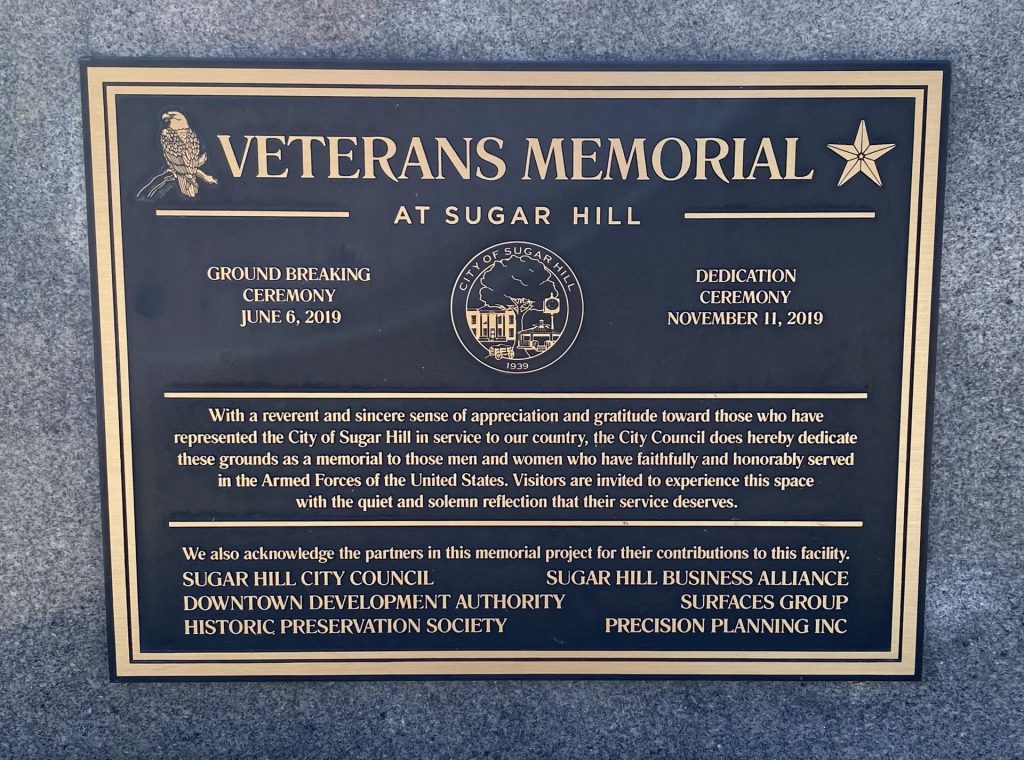 VETERANS MEMORIAL AT SUGAR HILL PLAQUE