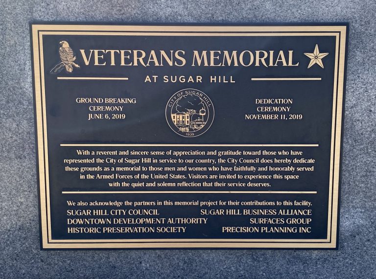 VETERANS MEMORIAL AT SUGAR HILL PLAQUE