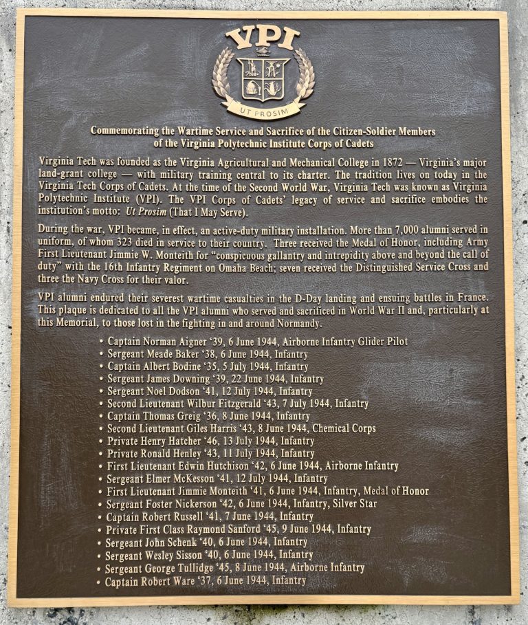 VIRGINIA POLYTECHNIC INSTITUTE CORPS OF CADETS MEMORIAL PLAQUE
