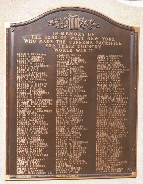 WEST NEW YORK WORLD WAR II MEMORIAL PLAQUE