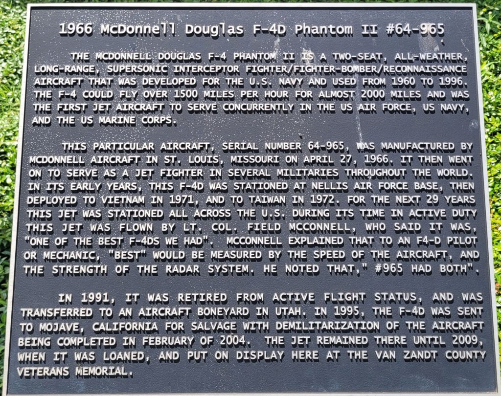 1966 MCDONNELL DOUGLAS F-4D PHANTOM II #64-965 MEMORIAL PLAQUE