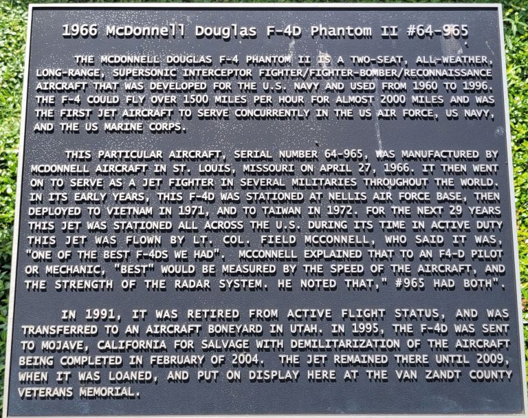 1966 MCDONNELL DOUGLAS F-4D PHANTOM II #64-965 MEMORIAL PLAQUE