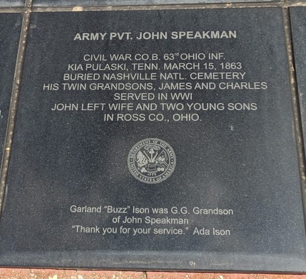 ARMY PVT. JOHN SPEAKMAN WAR MEMORIAL PLAQUE