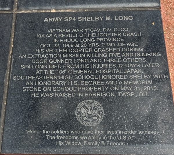 ARMY SP4 SHELBY M. LONG WAR MEMORIAL PLAQUE