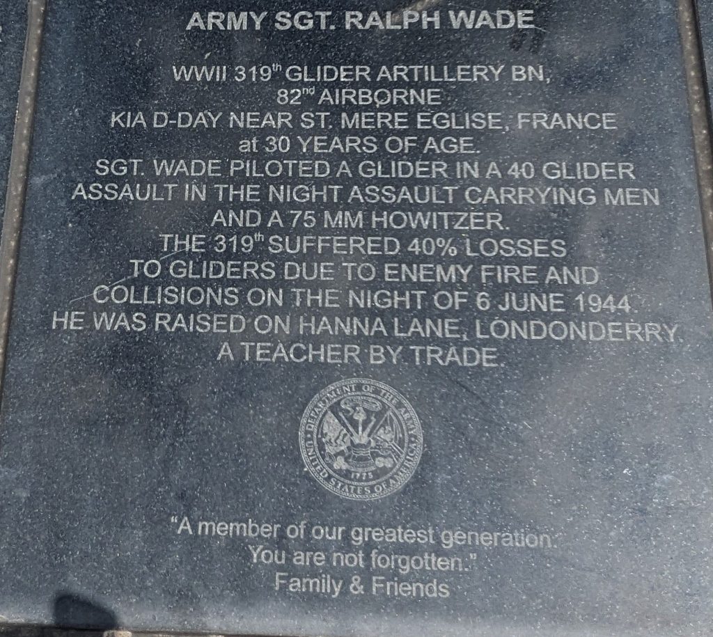 ARMY SGT. RALPH WADE WAR MEMORIAL PLAQUE