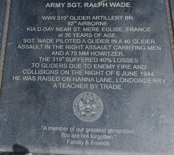 ARMY SGT. RALPH WADE WAR MEMORIAL PLAQUE