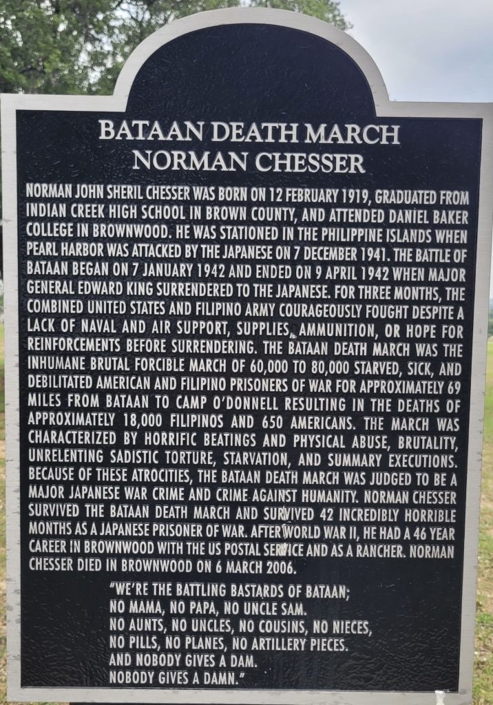 BATAAN DEATH MARCH NORMAN CHESSER WAR MEMORIAL MARKER