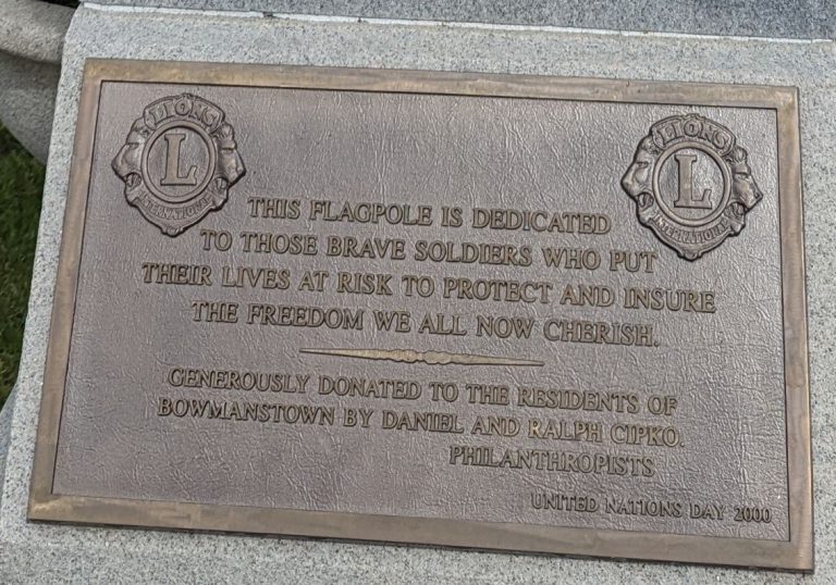 BOWMANSTOWN LIONS WAR MEMORIAL FLAGPOLE PLAQUE