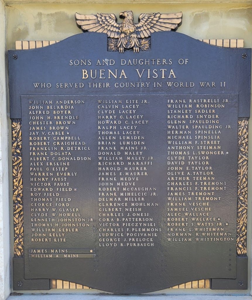 BUENA VISTA WAR VETERANS MEMORIAL PLAQUE A