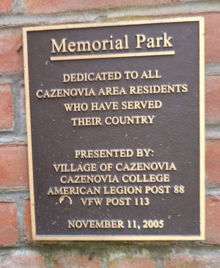 CAZENOVIA MEMORIAL PARK PLAQUE