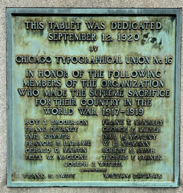 CHICAGO TYPOGRAPHICAL UNION NO. 16 WORLD WAR MEMORIAL PLAQUE
